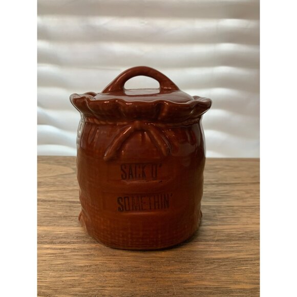 Vintage Brown Glazed Ceramic Sack O Somethin Jar With Lid 5" - Picture 1 of 5
